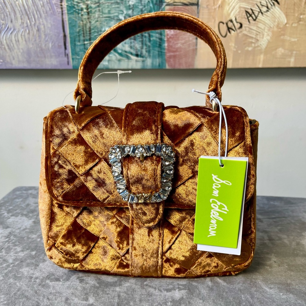 New Sam Edelman Gold Velvet Clutch Bag - Picture 10 of 16